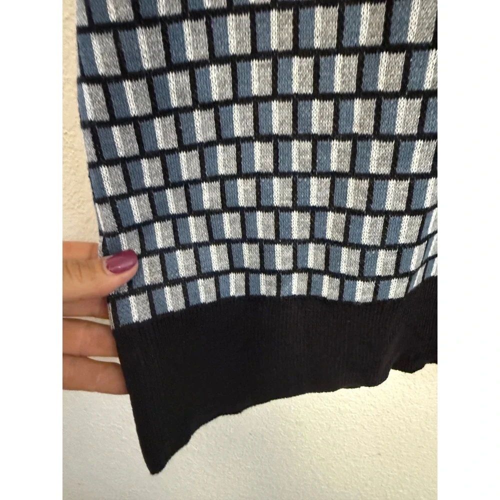 Elie Tahari Mens Blue Black Geometric Knit Polo Shirt Short Sleeve Wool Blend L